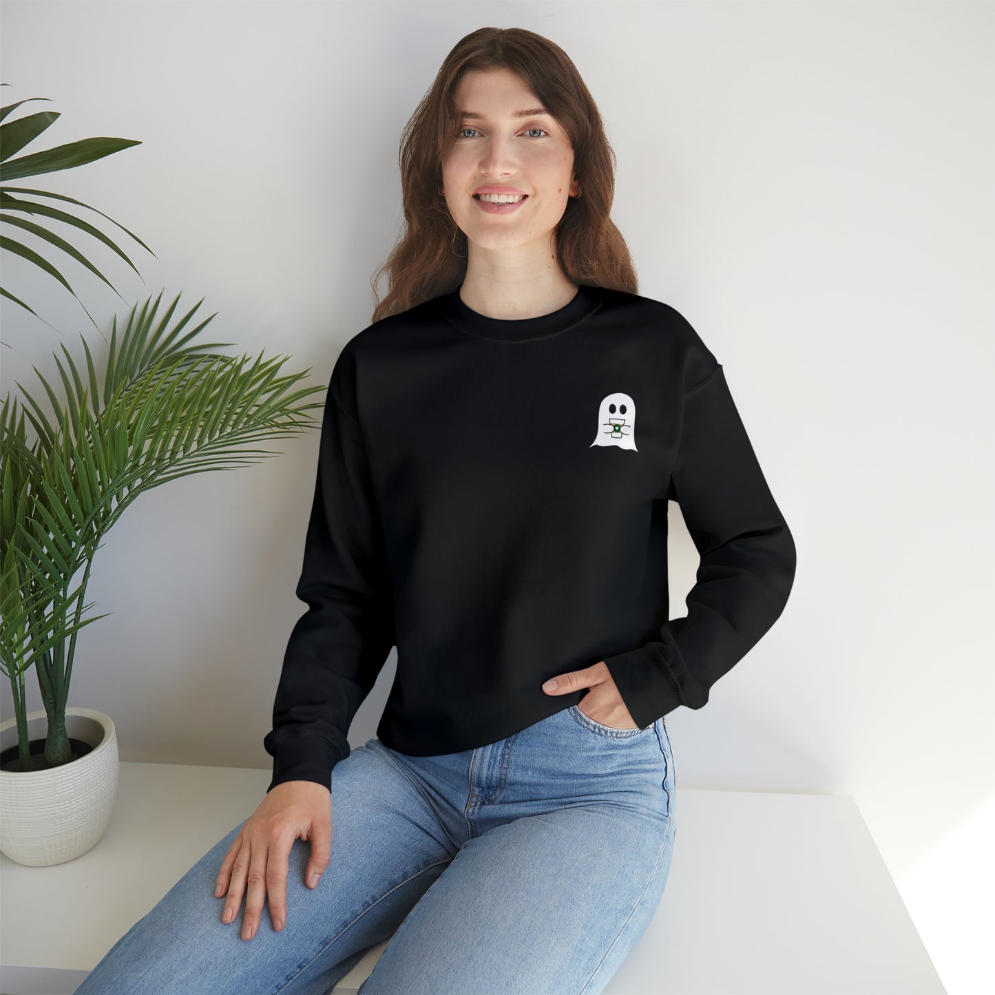 Cute Ghost with Coffee Cup - Crewneck Sweatshirt