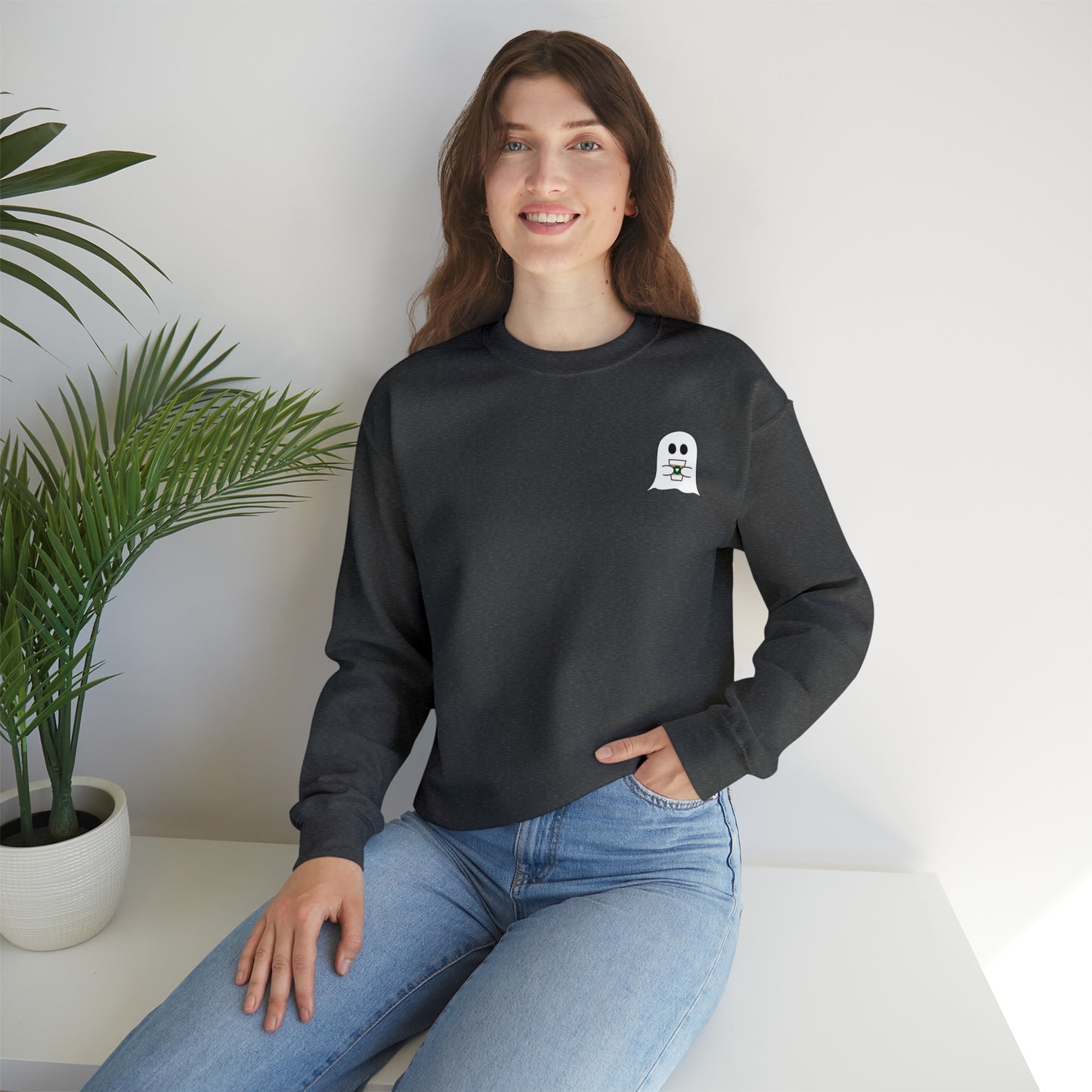 Cute Ghost with Coffee Cup - Crewneck Sweatshirt