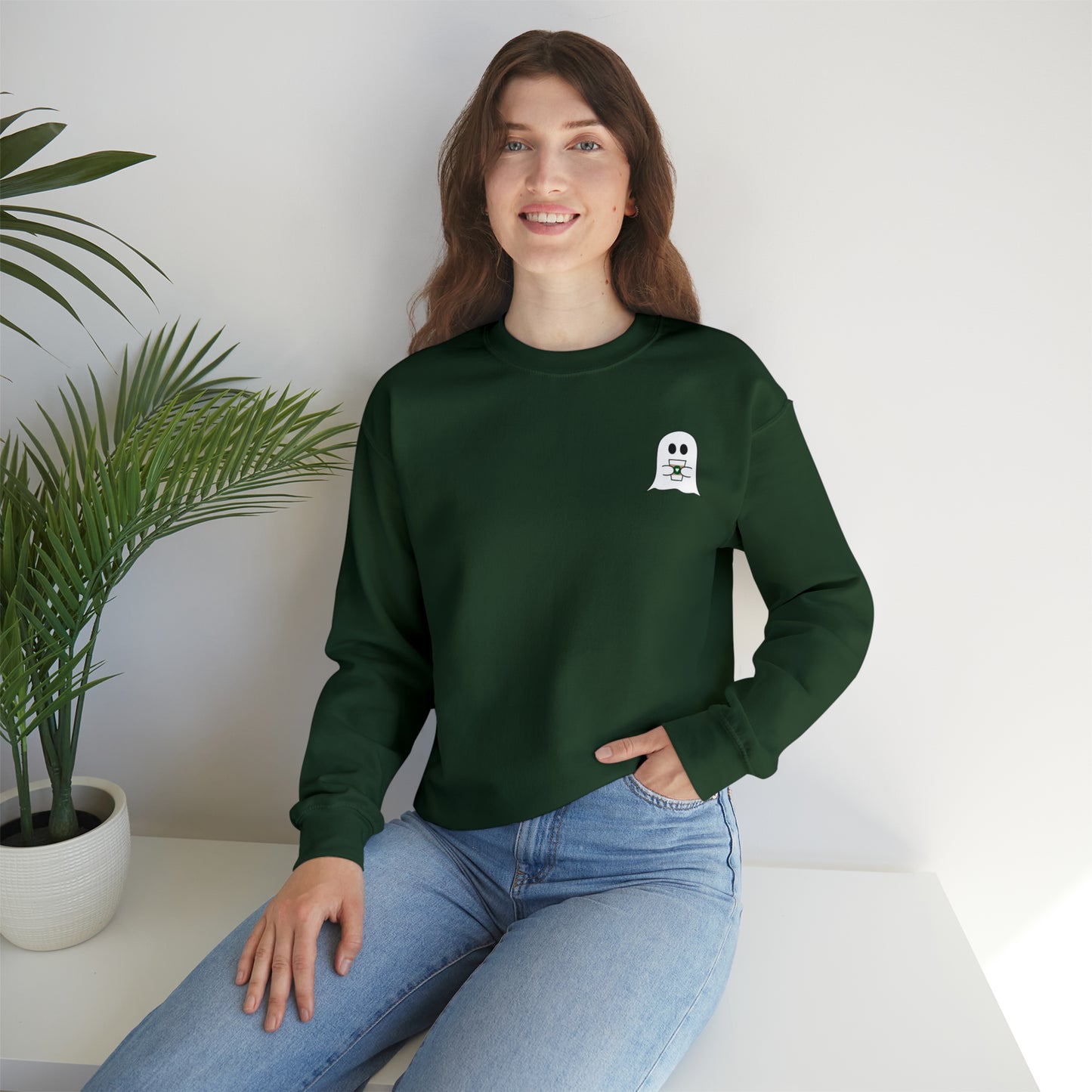 Cute Ghost with Coffee Cup - Crewneck Sweatshirt